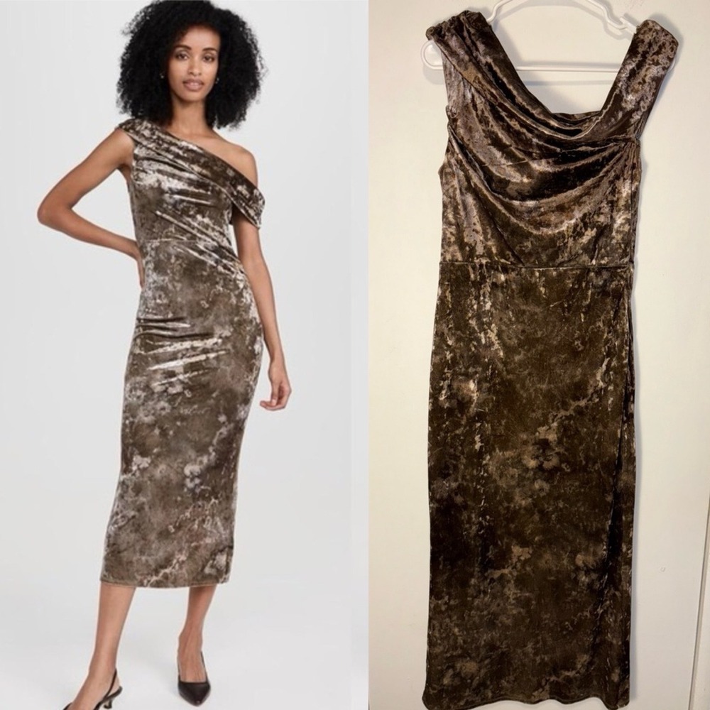 Moon River Velvet Midi Dress L Brown Green One Shoulder Asymmetrical Velvet